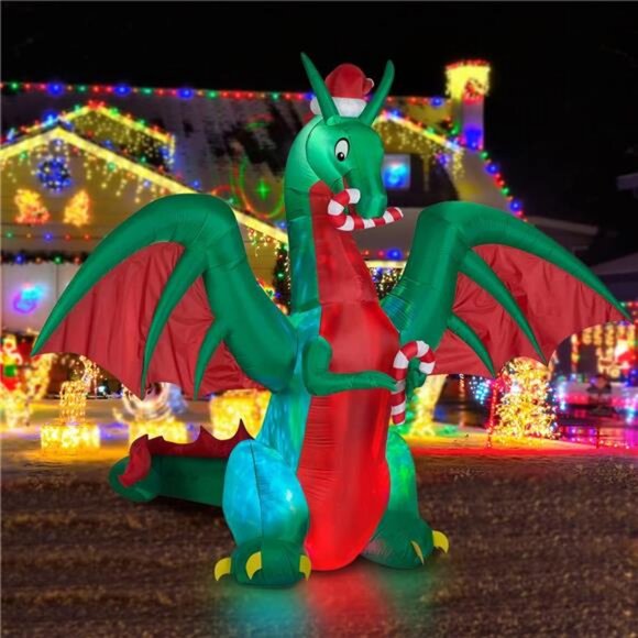 8ft Inflatable Christmas Dragon with Candy Disco LED Lighted Blow Up Decor